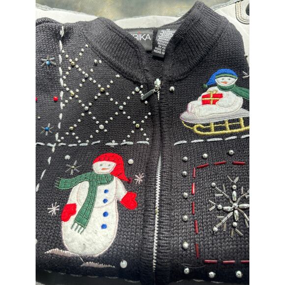 Vintage Christmas Holiday Sweater Vest M Ramie Cotton Snowman Santa Pearl Accent - Picture 2 of 11
